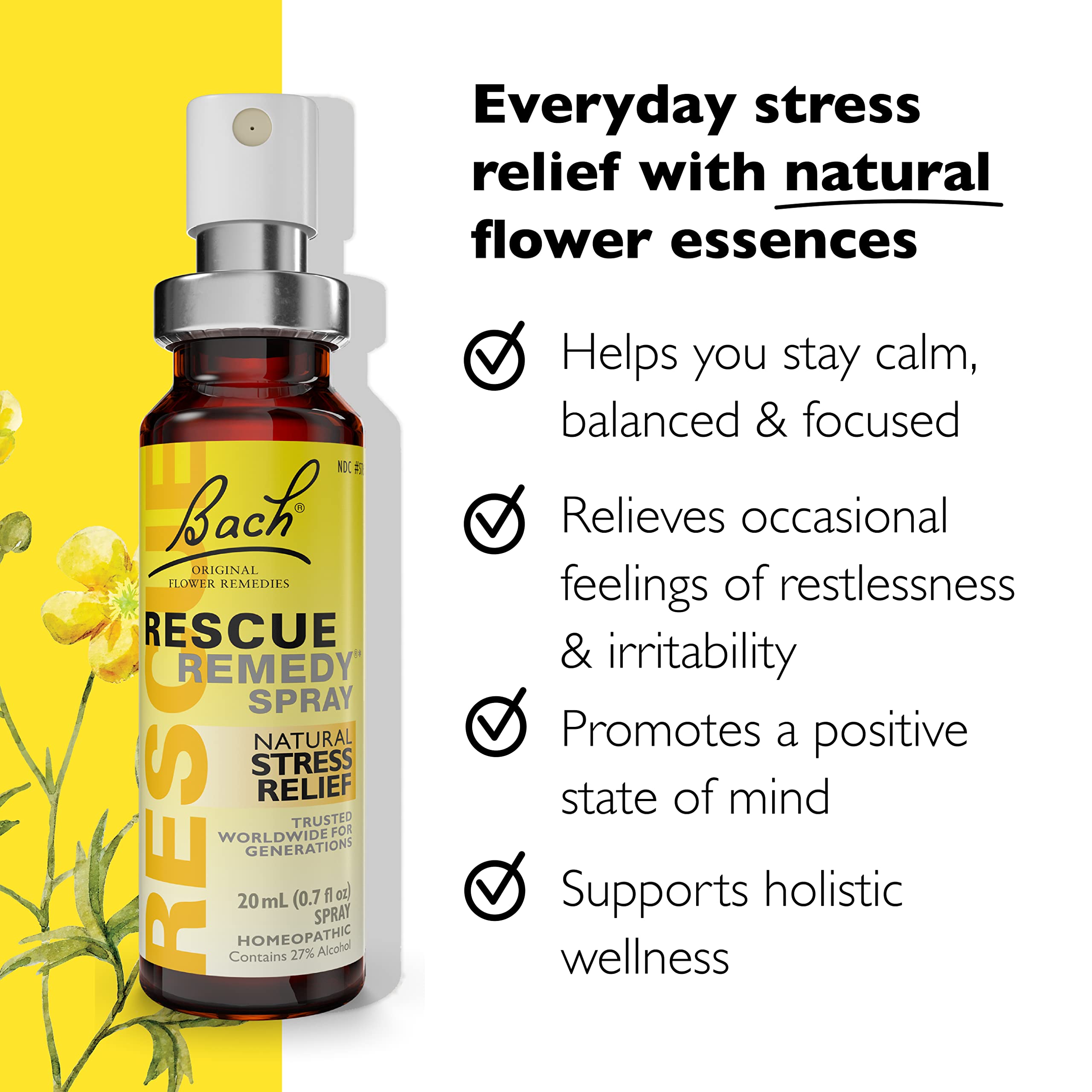 Éléments de design RESCUE REMEDY rappelant la formule originale Bach.