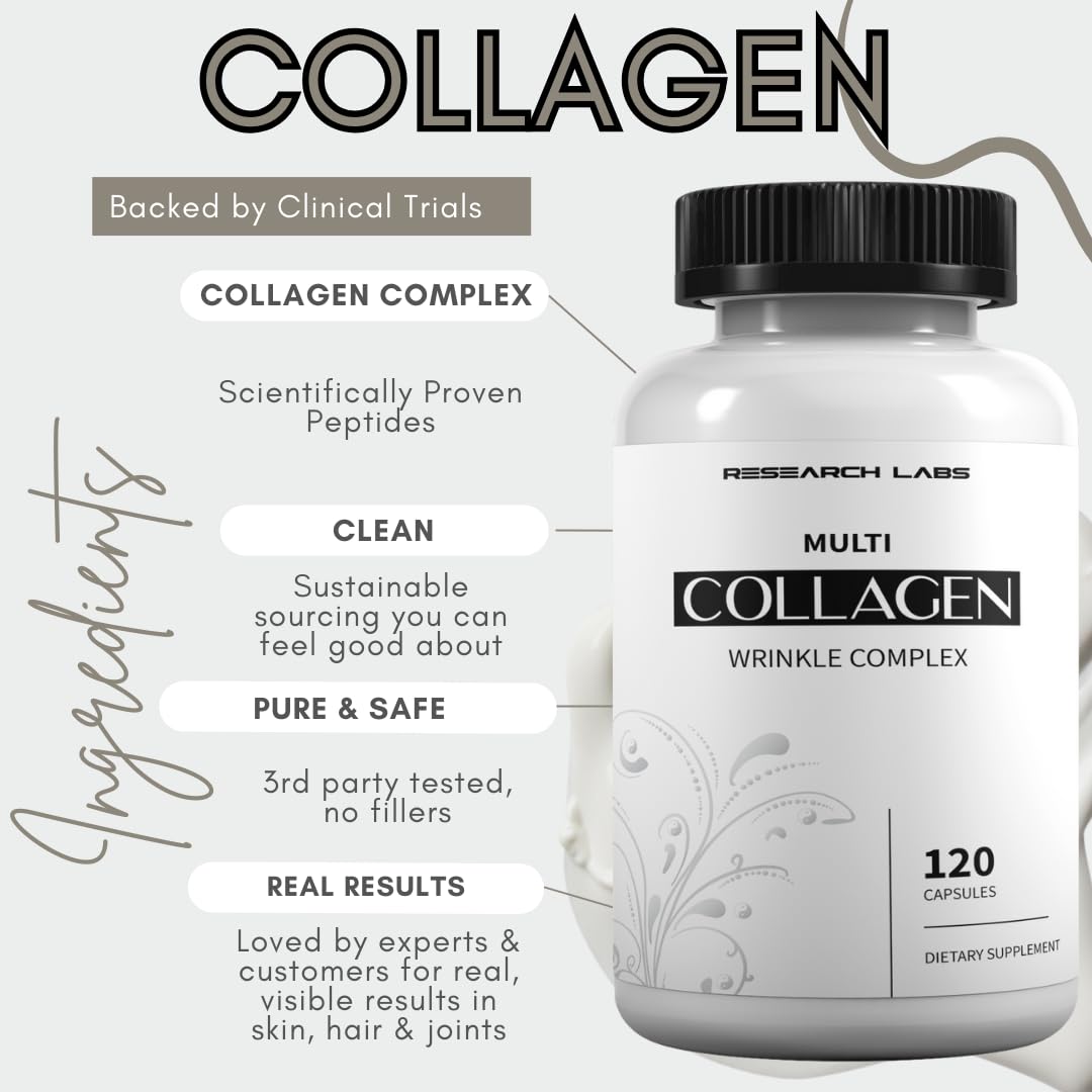 Research Labs Collagène – dose 750 mg par gélule pour absorption potentielle rapide.