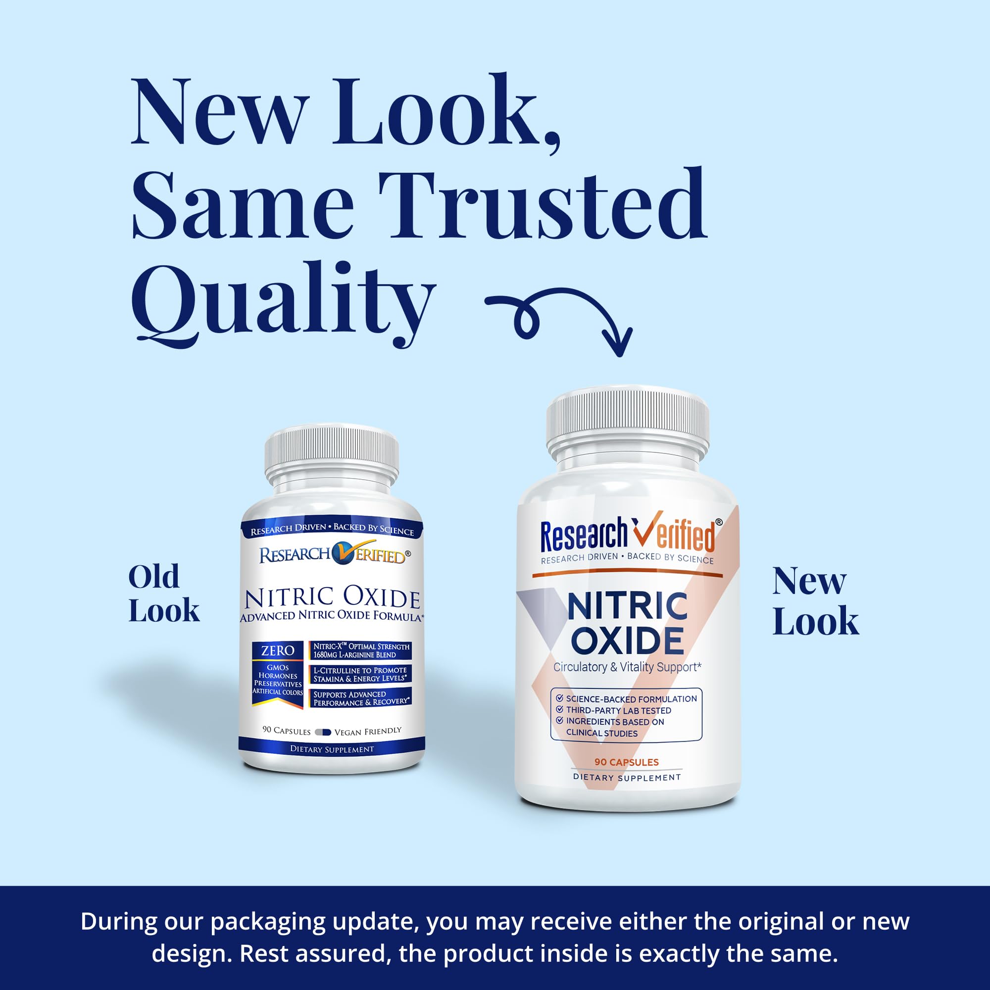 Research Verified Nitric Oxide: étiquette lisible, détails L-Arginine et L-Citrulline.
