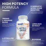 Capsules Research Verified Nitric Oxide, prise rapprochée montrant les gélules et le dosage pratique.