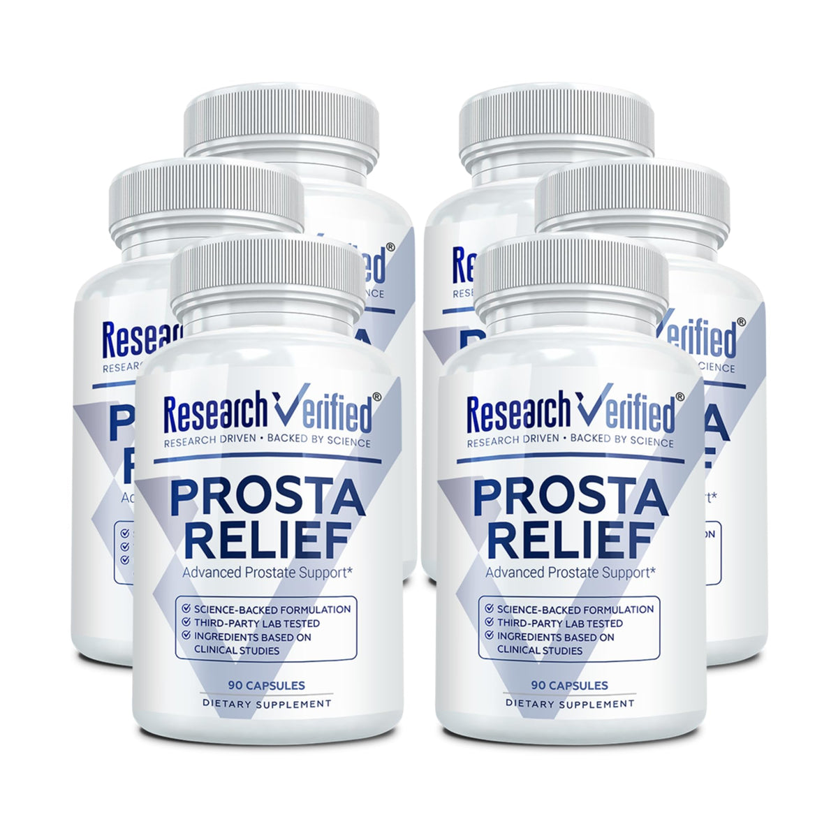 Research Verified Prosta Relief, bouteille et étiquette visibles, soutien potentiel de la prostate