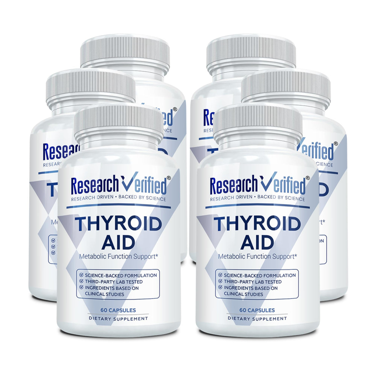Research Verified Thyroid Aid: bouteille de capsules vegan, soutien potentiel au métabolisme.