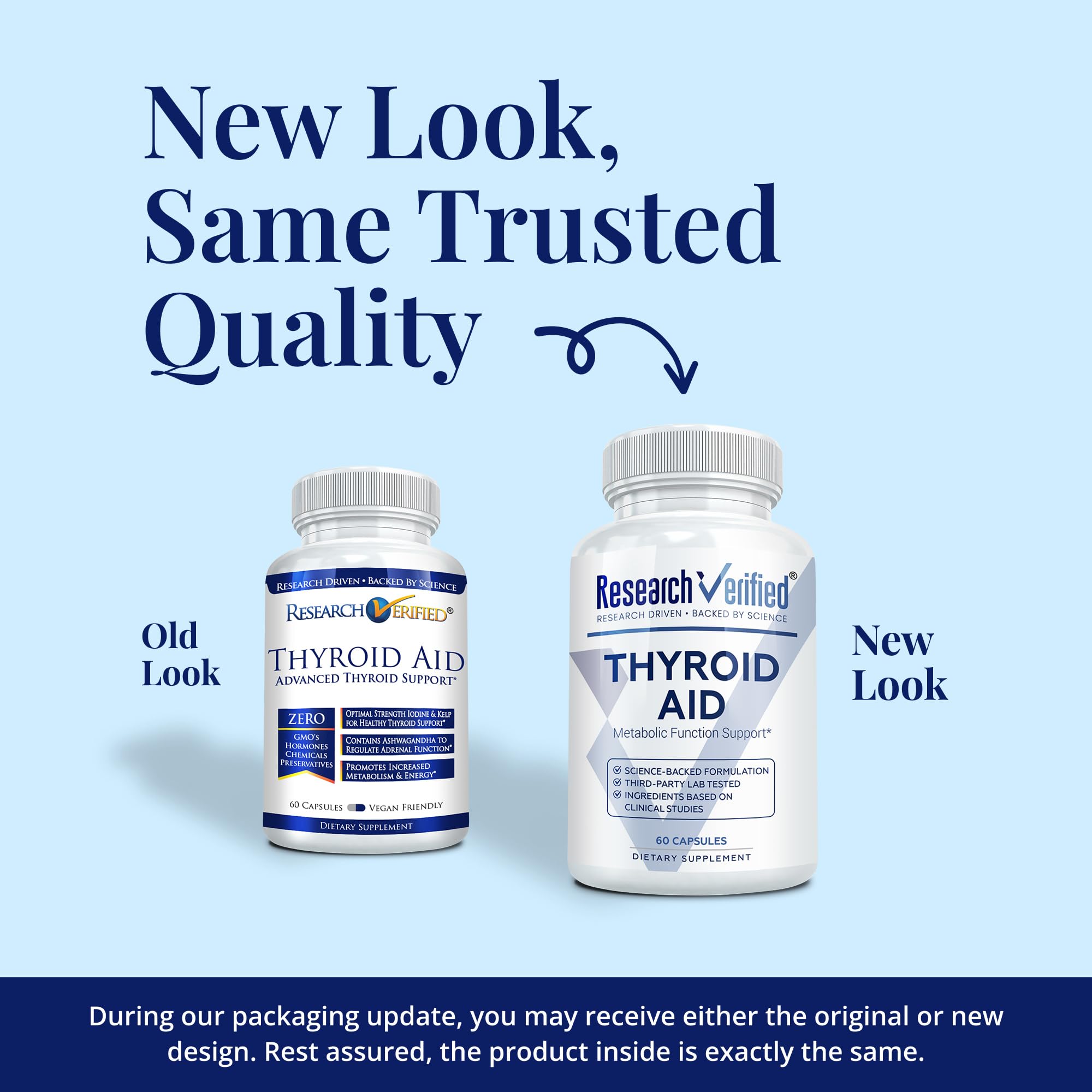 Research Verified Thyroid Aid: étiquette claire avec ingrédients et dosages.