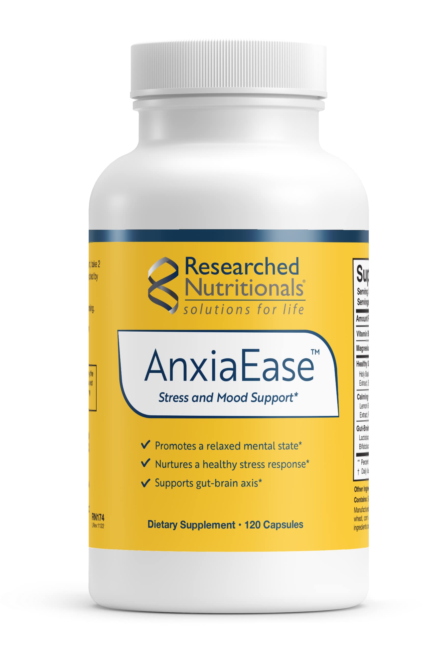 AnxiaEase de Researched Nutritionals sur la bouteille, aperçu du packaging et potentiel soutien au stress