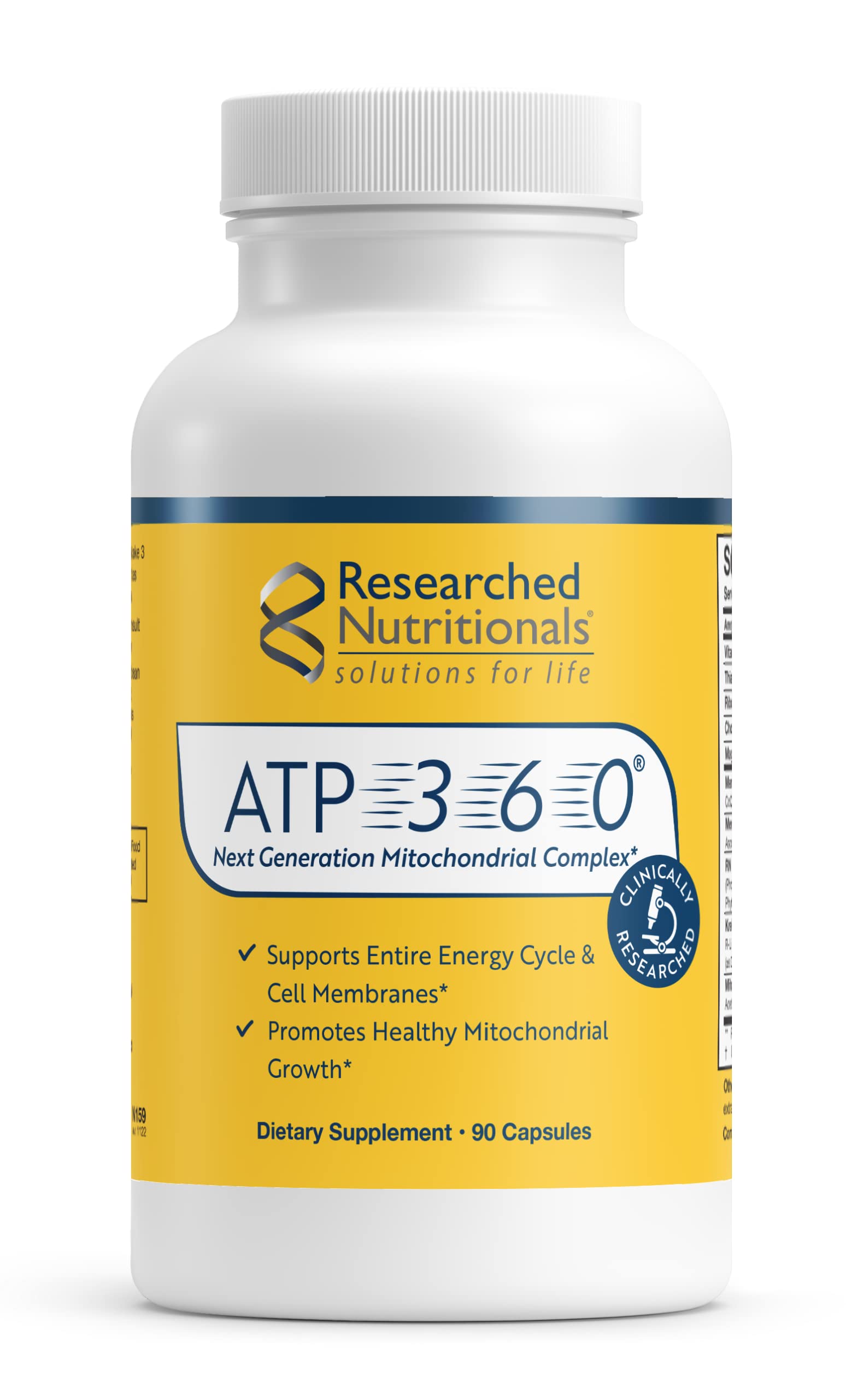 ATP 360 de Researched Nutritionals sur table, soutien potentiel de l'énergie quotidienne.