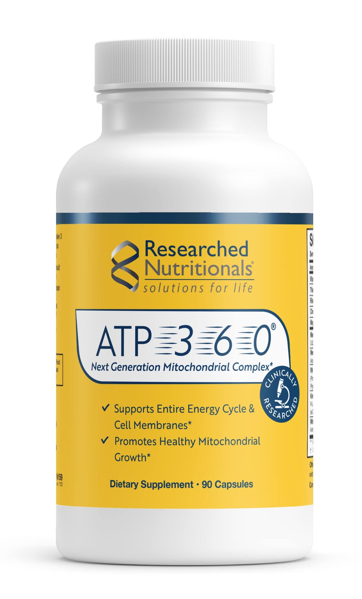 ATP 360 de Researched Nutritionals sur table, soutien potentiel de l'énergie quotidienne.