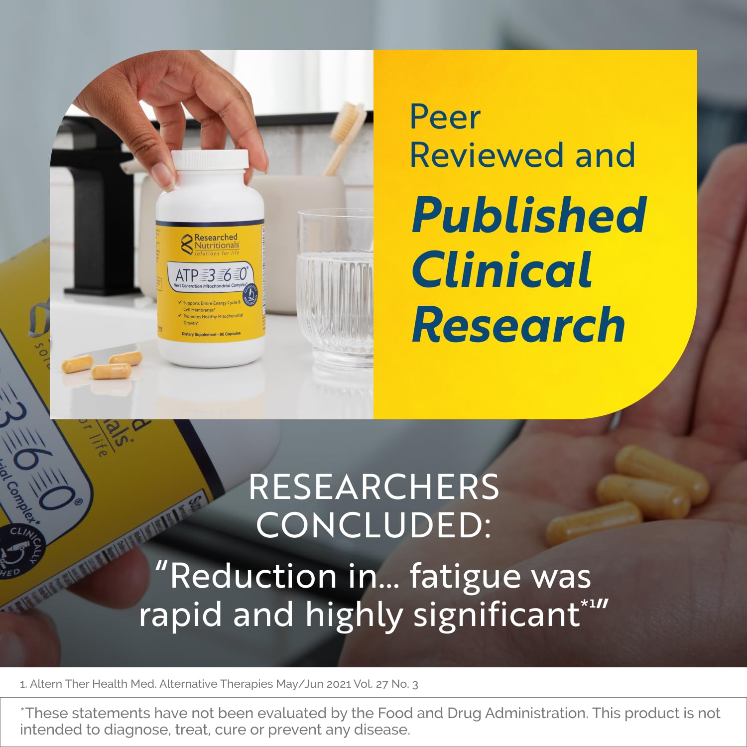 Étiquette et emballage ATP 360 de Researched Nutritionals, transparence des ingrédients.