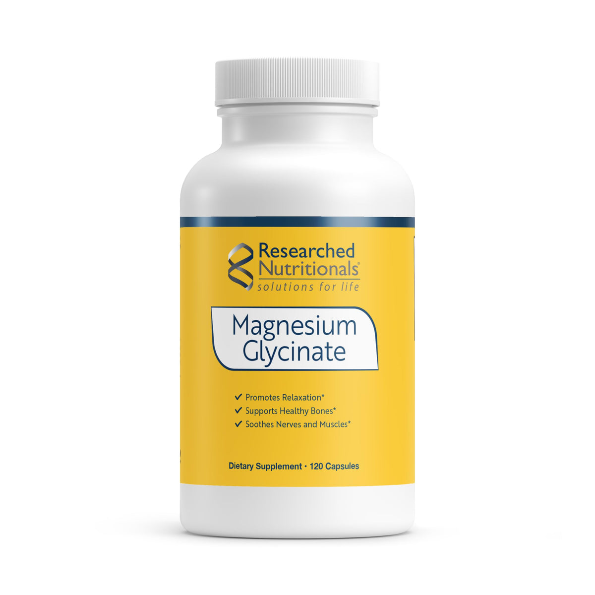 Gélules Researched Nutritionals Magnésium Glycinate dans une bouteille, absorption élevée.