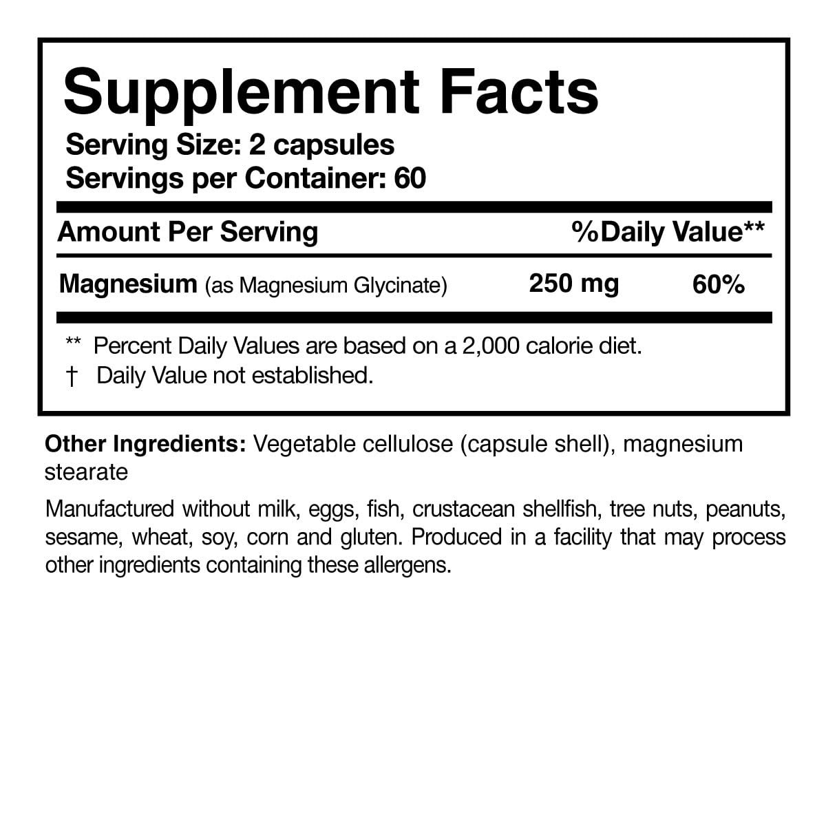 Étiquette non-ogm Researched Nutritionals Magnésium Glycinate souligne la qualité sans OGM.