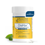 OraMax de Researched Nutritionals : flacon et comprimés pour haleine fraîche après usage.