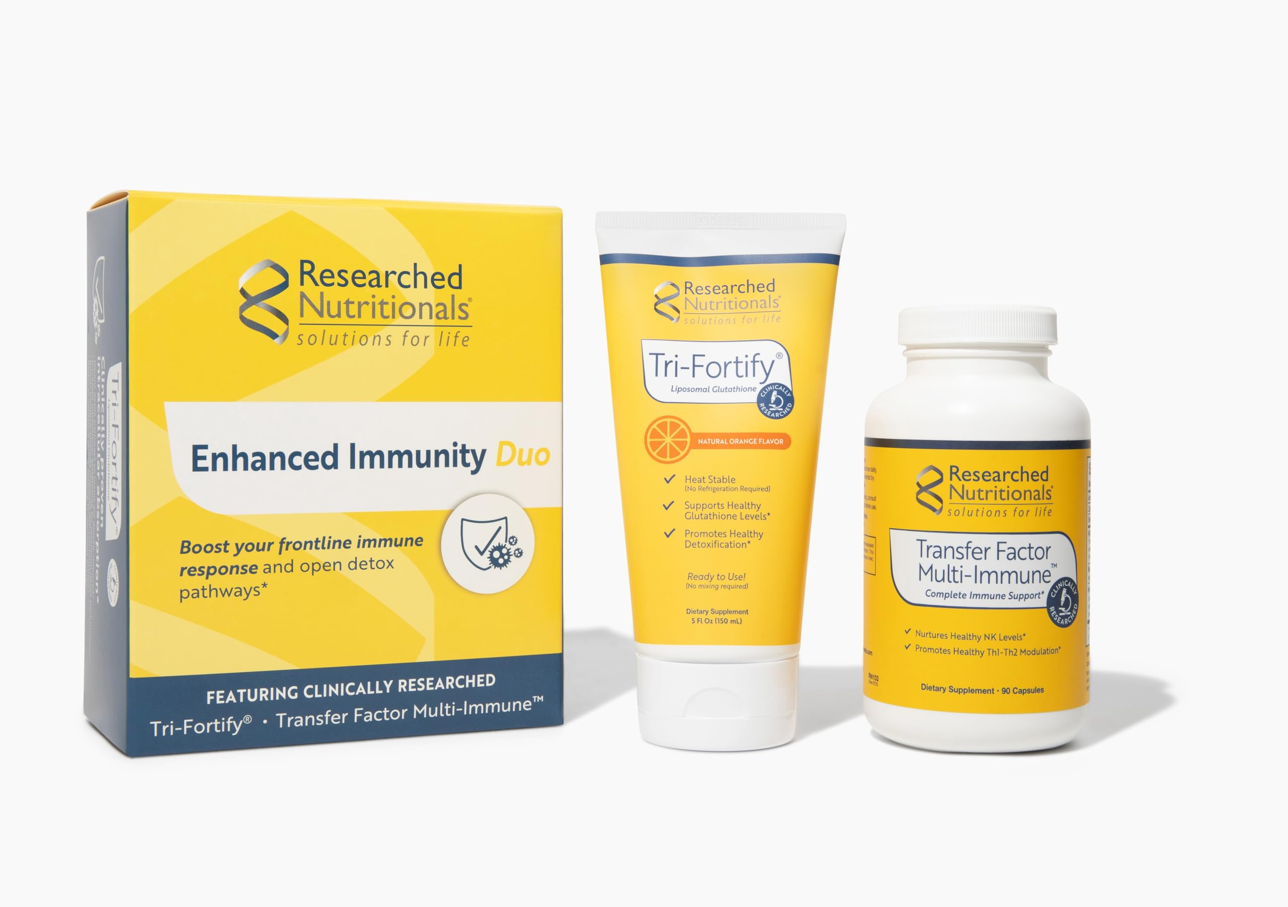 Flacon Transfer Factor Multi-Immune de Researched Nutritionals, ingrédients transférés et colostrum
