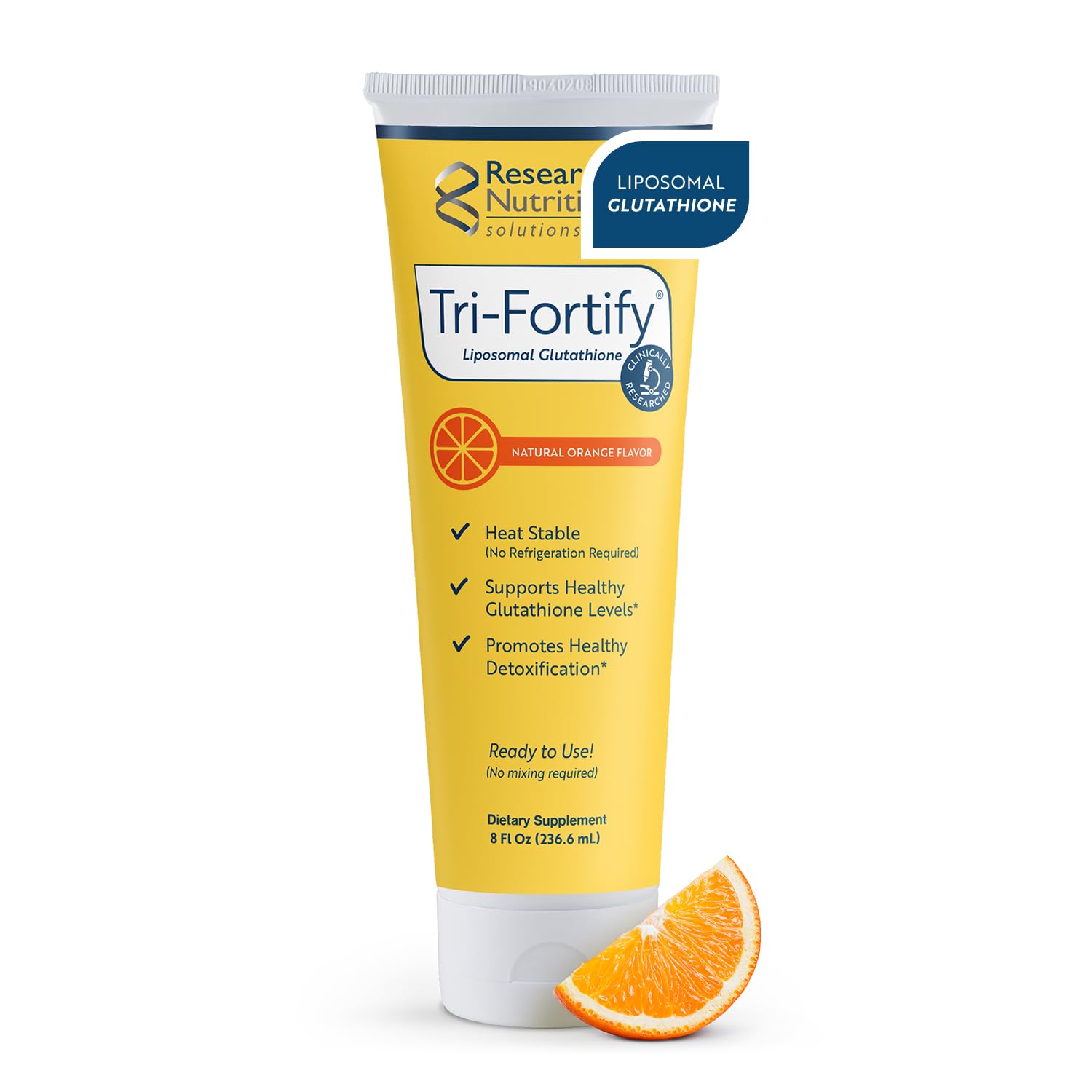 Researched Nutritionals Tri-Fortify, flacon glutathion liposomal orange naturelle, soutien antioxydant potentiel.