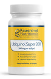 Researched Nutritionals Ubiquinol Super 200, gélules molles en bouteille, bénéfice antioxydant potentiel.
