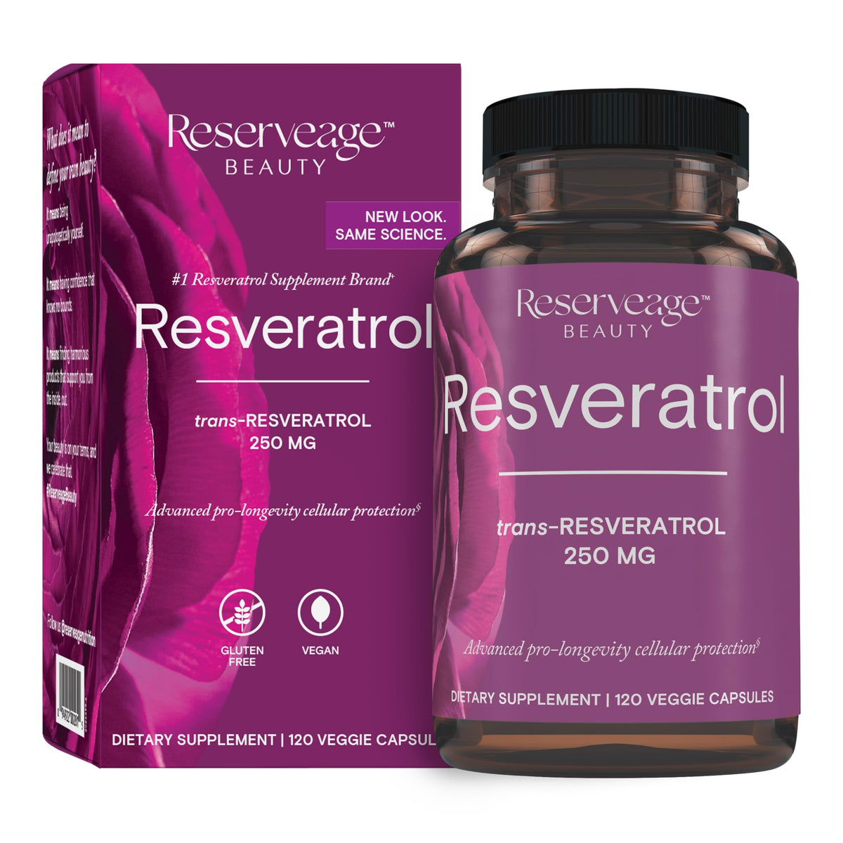 Reserveage Beauté Résveratrol 250 mg – bouteille visible, soutien potentiel à la vitalité antioxydante.
