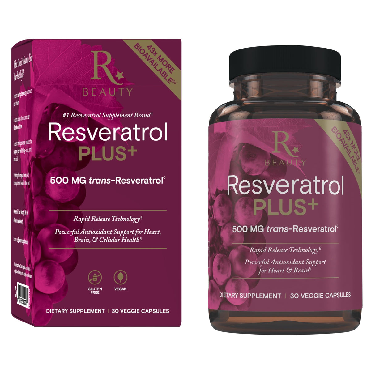 Reserveage Beauty Resveratrol Plus+, bouteille vue, soutien potentiel du système immunitaire.