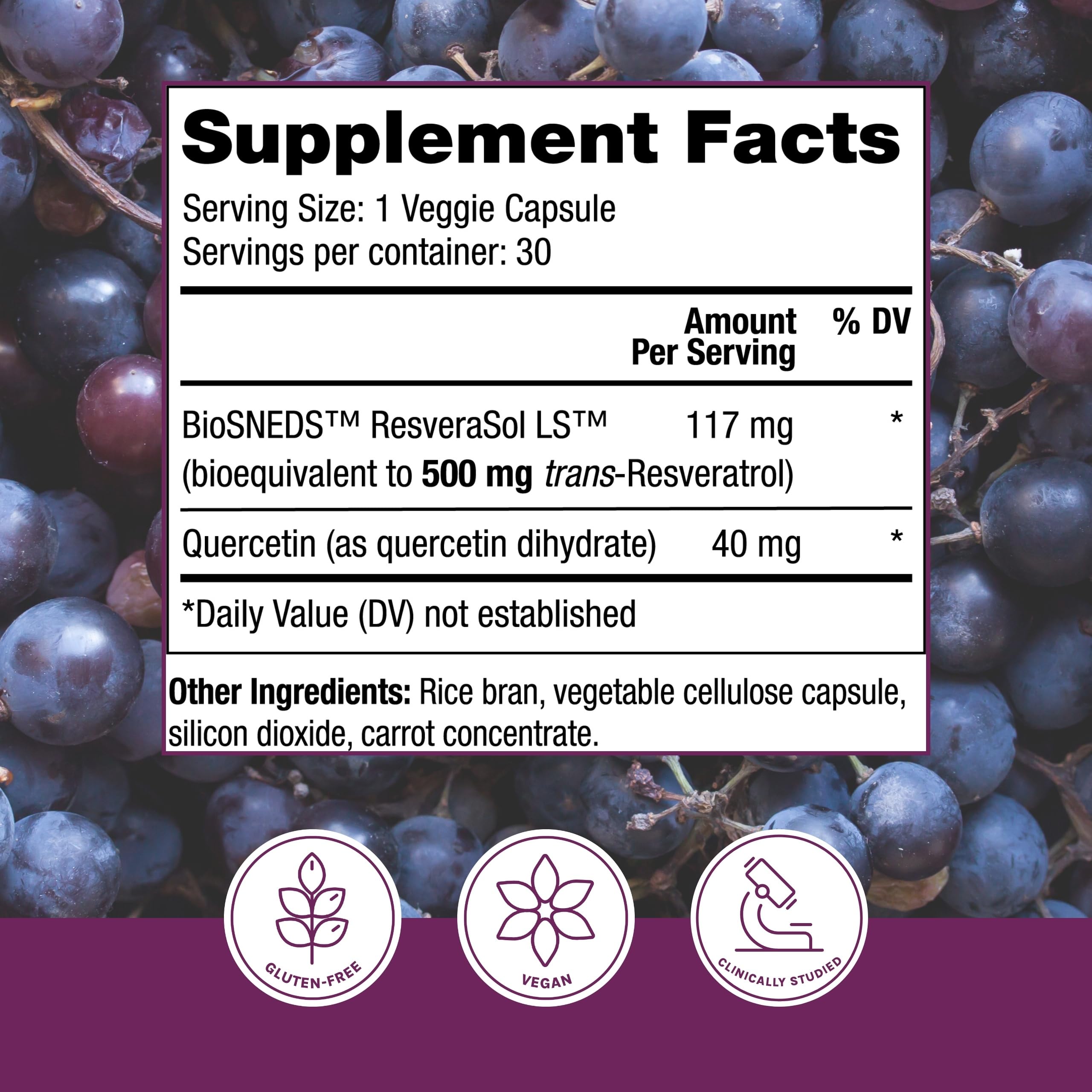 Étiquette Reserveage Beauty Resveratrol Plus+, mention 500 mg et quercétine.