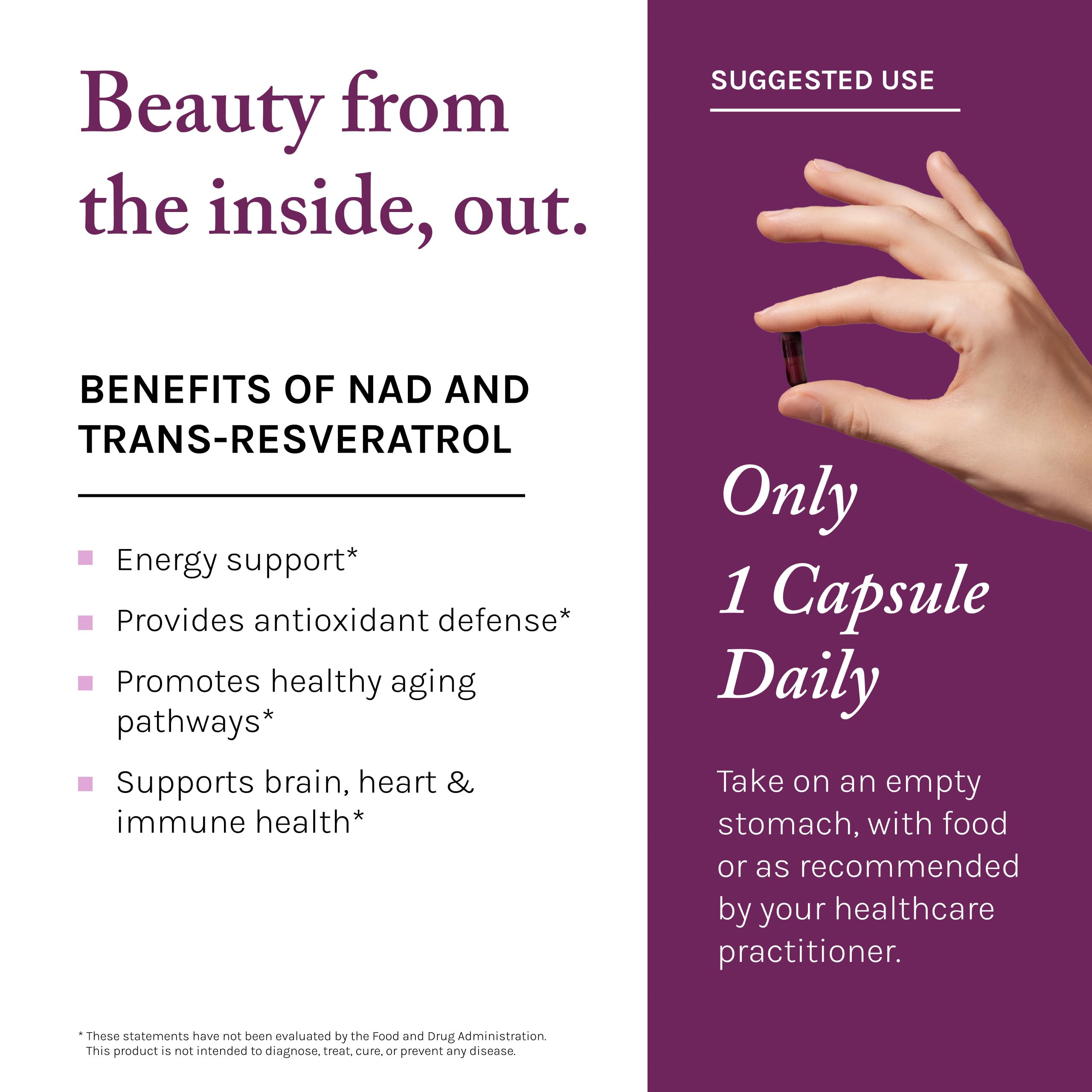 Schéma dosage sur le flacon Reserveage NAD Resveratrol Plus+, pour 30 jours.