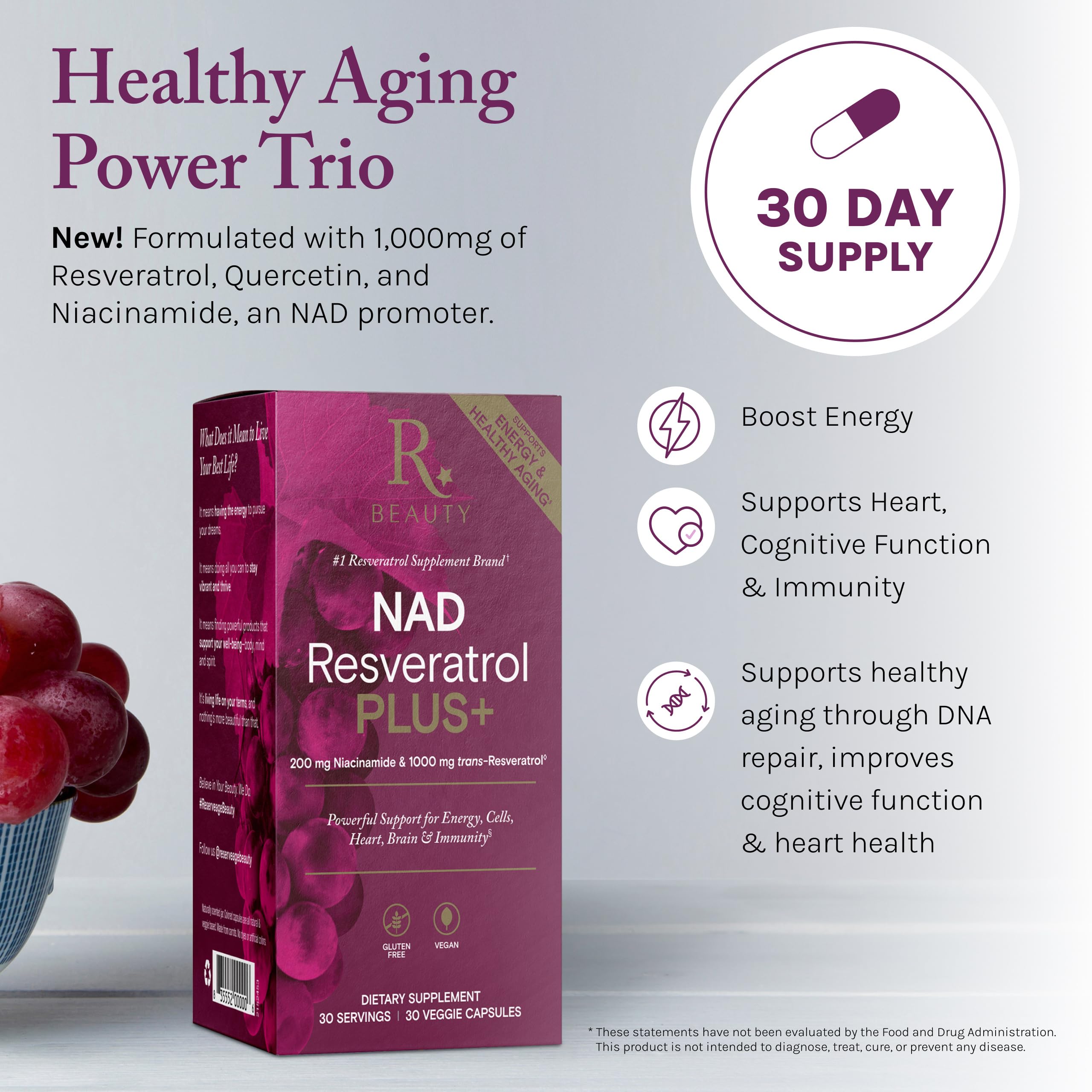 Étiquette du produit Reserveage NAD Resveratrol Plus+ affichant les ingrédients clés.