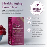 Étiquette du produit Reserveage NAD Resveratrol Plus+ affichant les ingrédients clés.