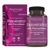 Reserveage Nutrition: bouteille résveratrol 500 mg et pterostilbène, effet antioxydant quotidien.