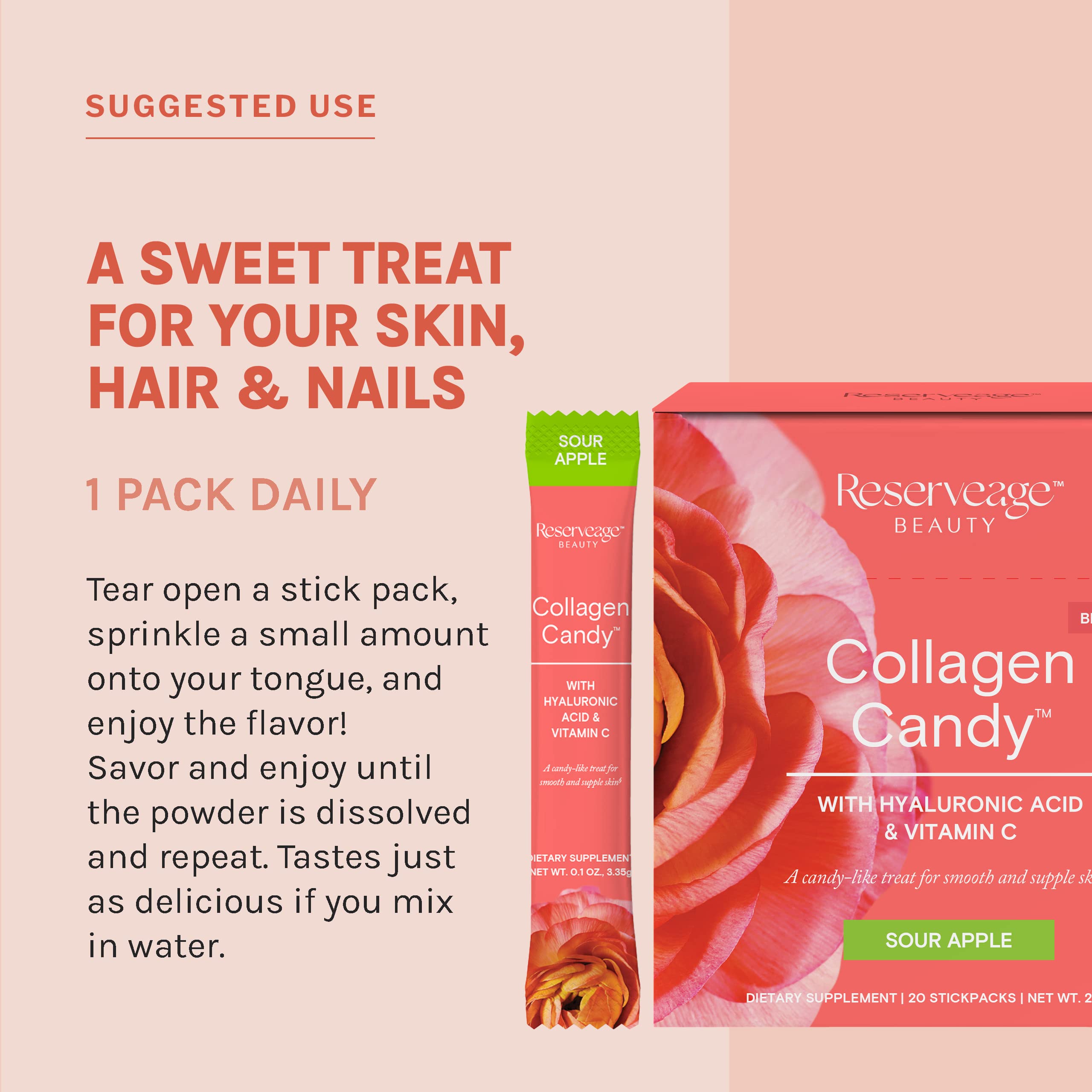 Reserveage Nutrition Collagen Candy usage quotidien peut soutenir la douceur de la peau.