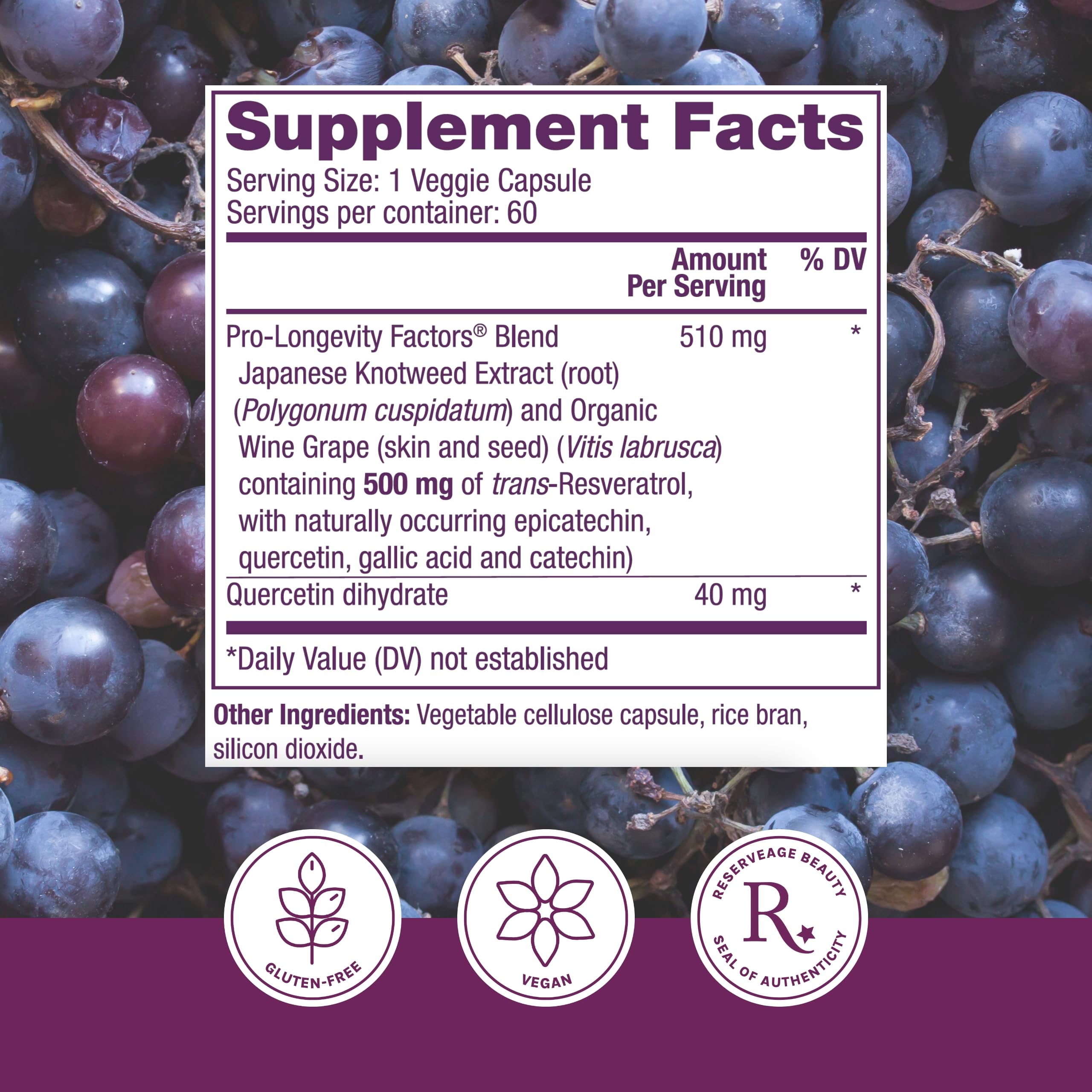 Reserveage Nutrition Resveratrol: gélules véganes pratiques et sans gluten.