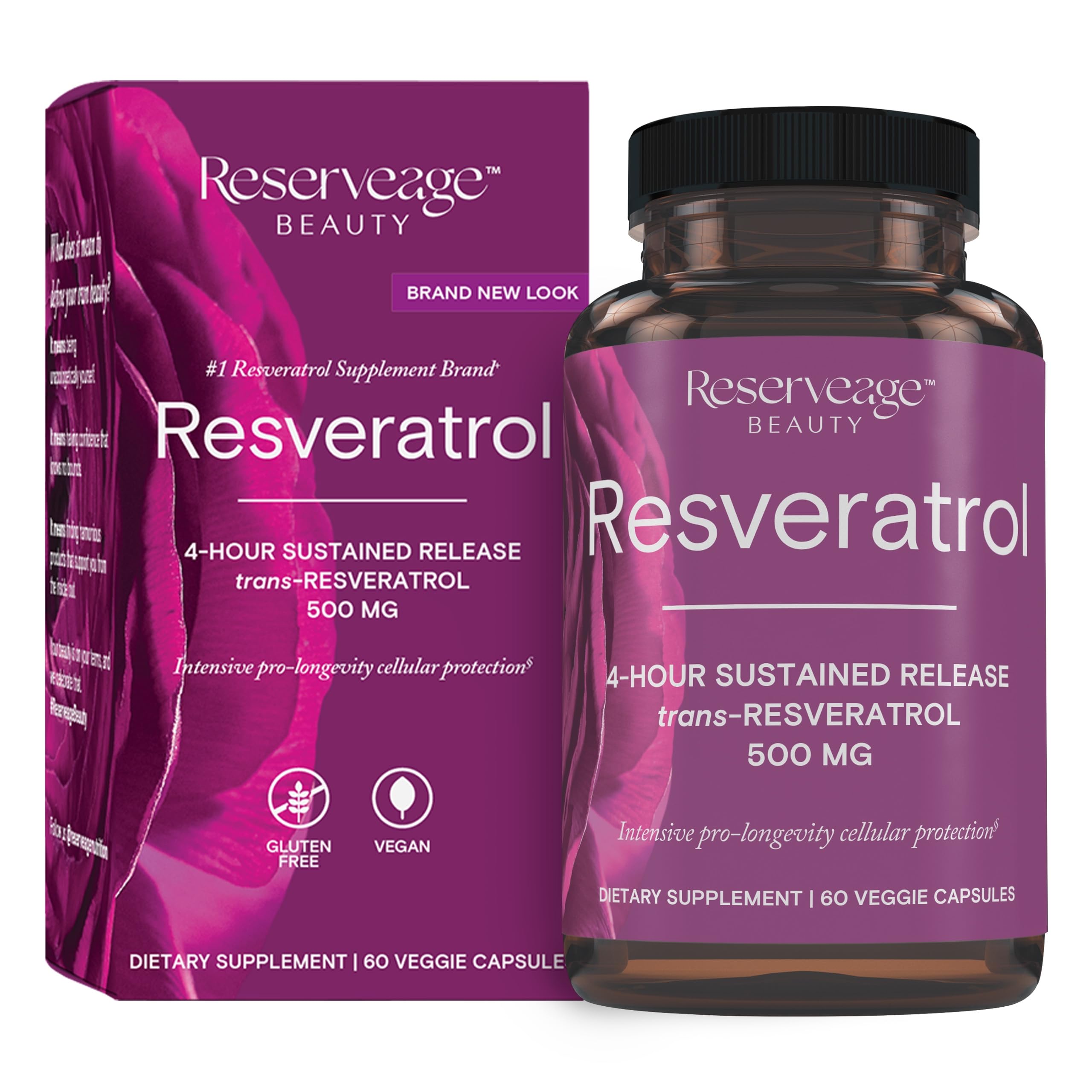 Reserveage Nutrition Resveratrol 500 mg: bouteille et dosage facile, soutien potentiel à l'énergie.