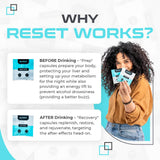 Reset Labs capsules on a clean surface hint at post-party recovery