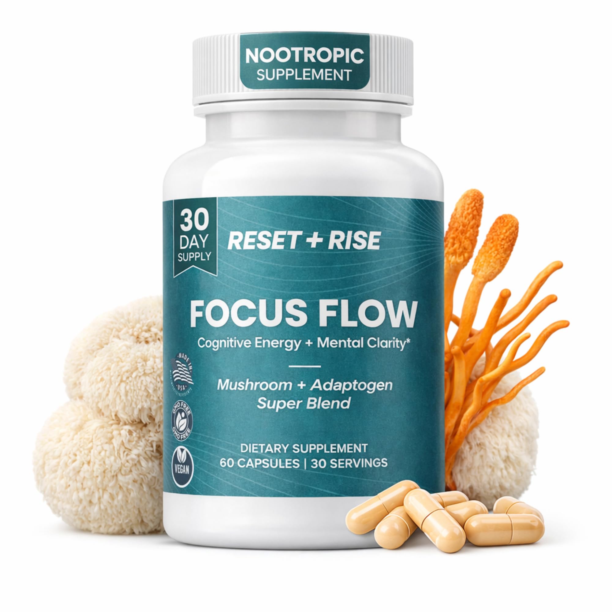 Reset+Rise: bouteille de capsules pour concentration naturelle au quotidien.