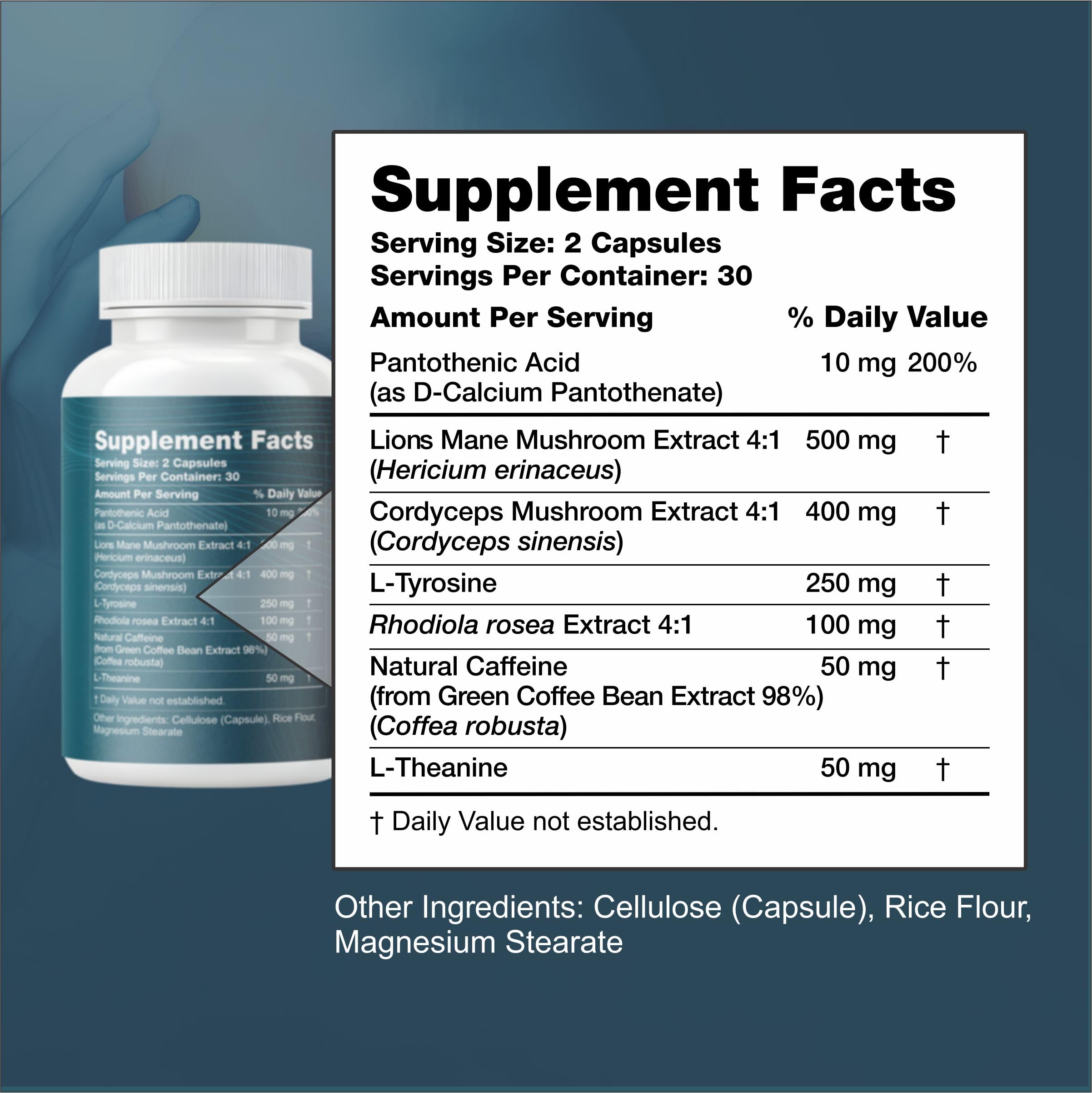 Reset+Rise: capsules à base de crinière de lion et cordyceps pour énergie soutenue.