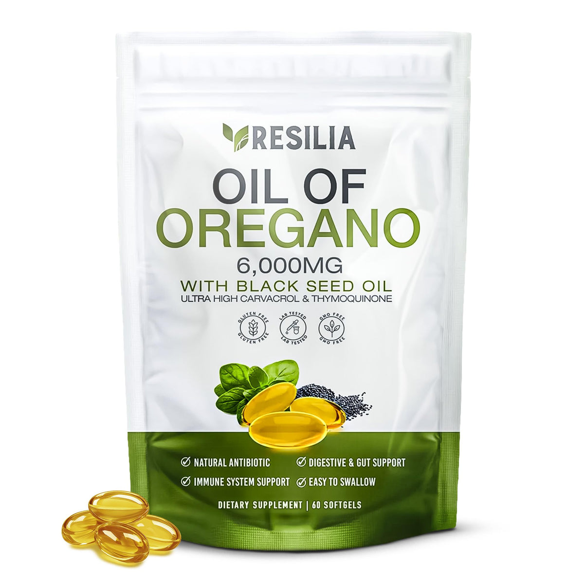 Resilia huile d'origan - bouteille et étiquette, soutien immunitaire potentiel.