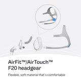 Matière douce du harnais ResMed AirFit AirTouch F20 pour un ajustement agréable.
