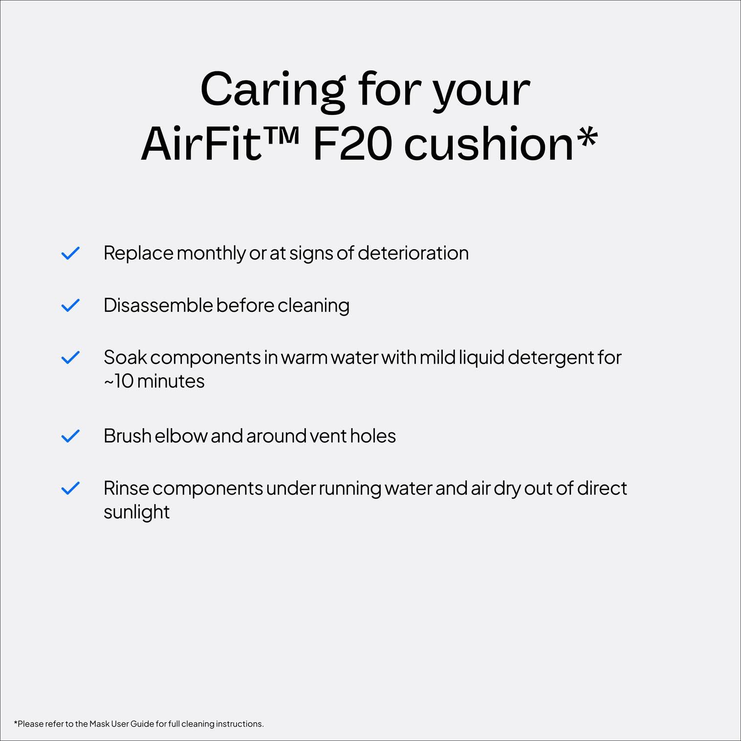 Coussin ResMed AirFit F20 – ajustement personnalisé pour diverses morphologies faciales.