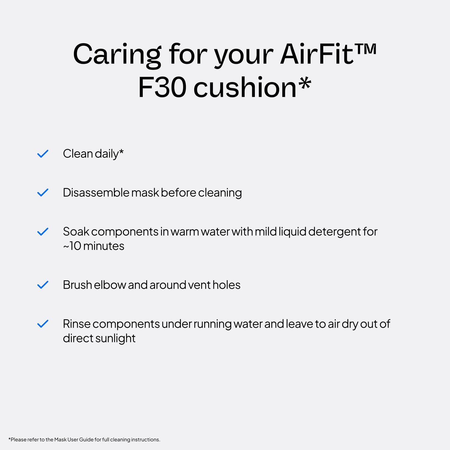 Coussin AirFit F30, joint d'étanchéité sous les narines pour ajustement sûr.