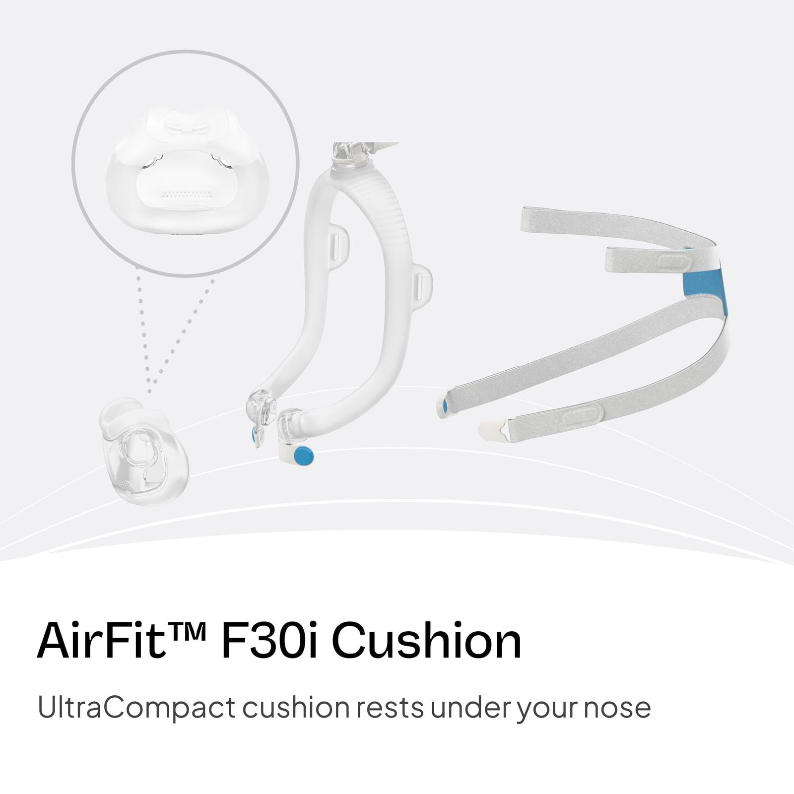 Coussin AirFit F30i, dimensions environ 3,5x3 pouces, ajustement précis.