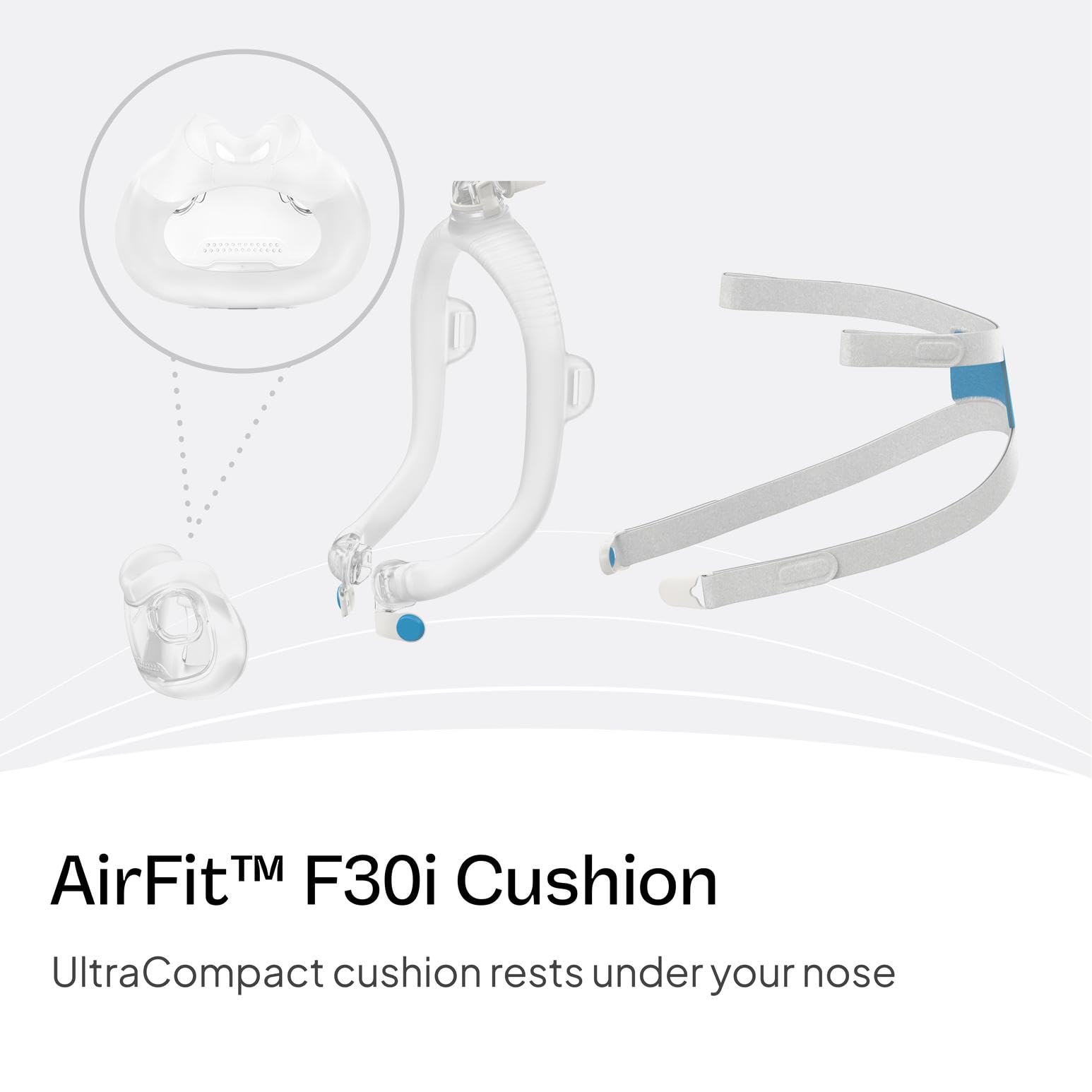 Coussin AirFit F30i, montage sécurisé pour une utilisation fiable.