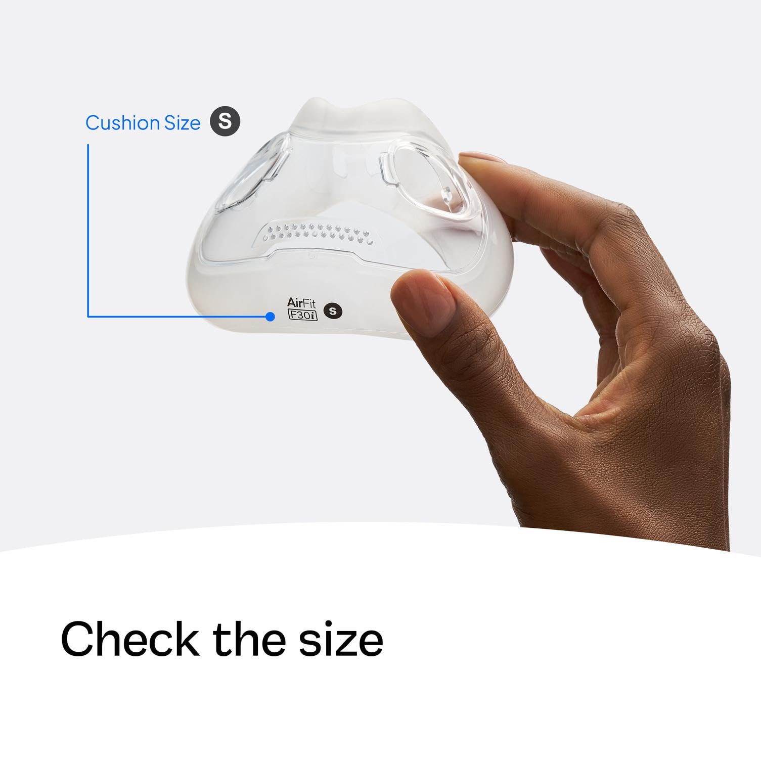 Coussin AirFit F30i, relief du pont nasal et réduction des marques.