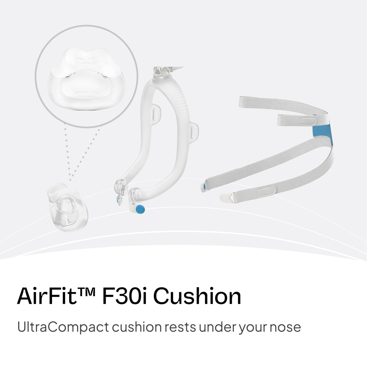 ResMed AirFit F30i – détail du coussin UltraCompact évitant le haut du nez.