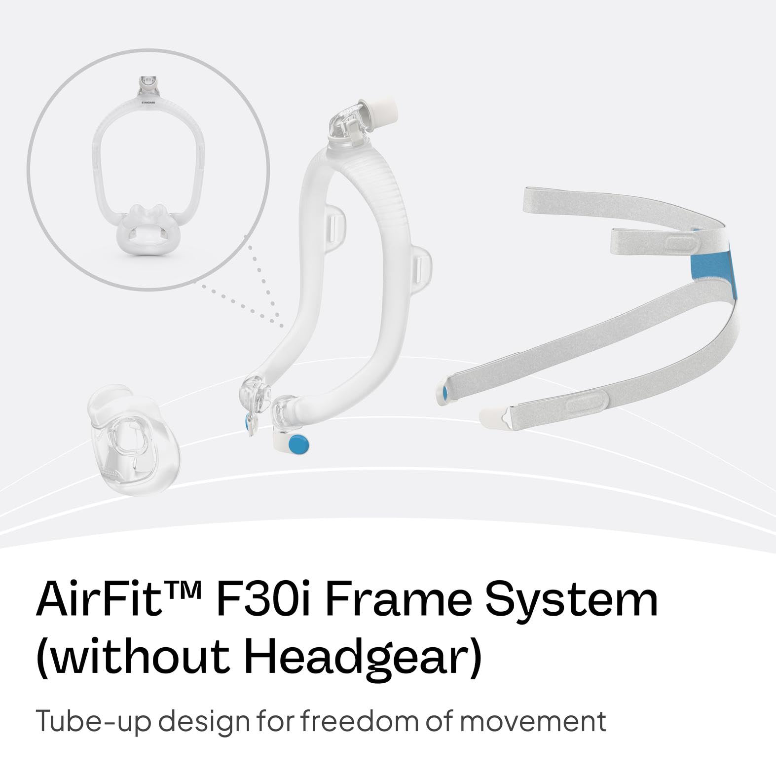ResMed AirFit F30i sans-harnais: remplacement sans harnais pour une installation flexible.