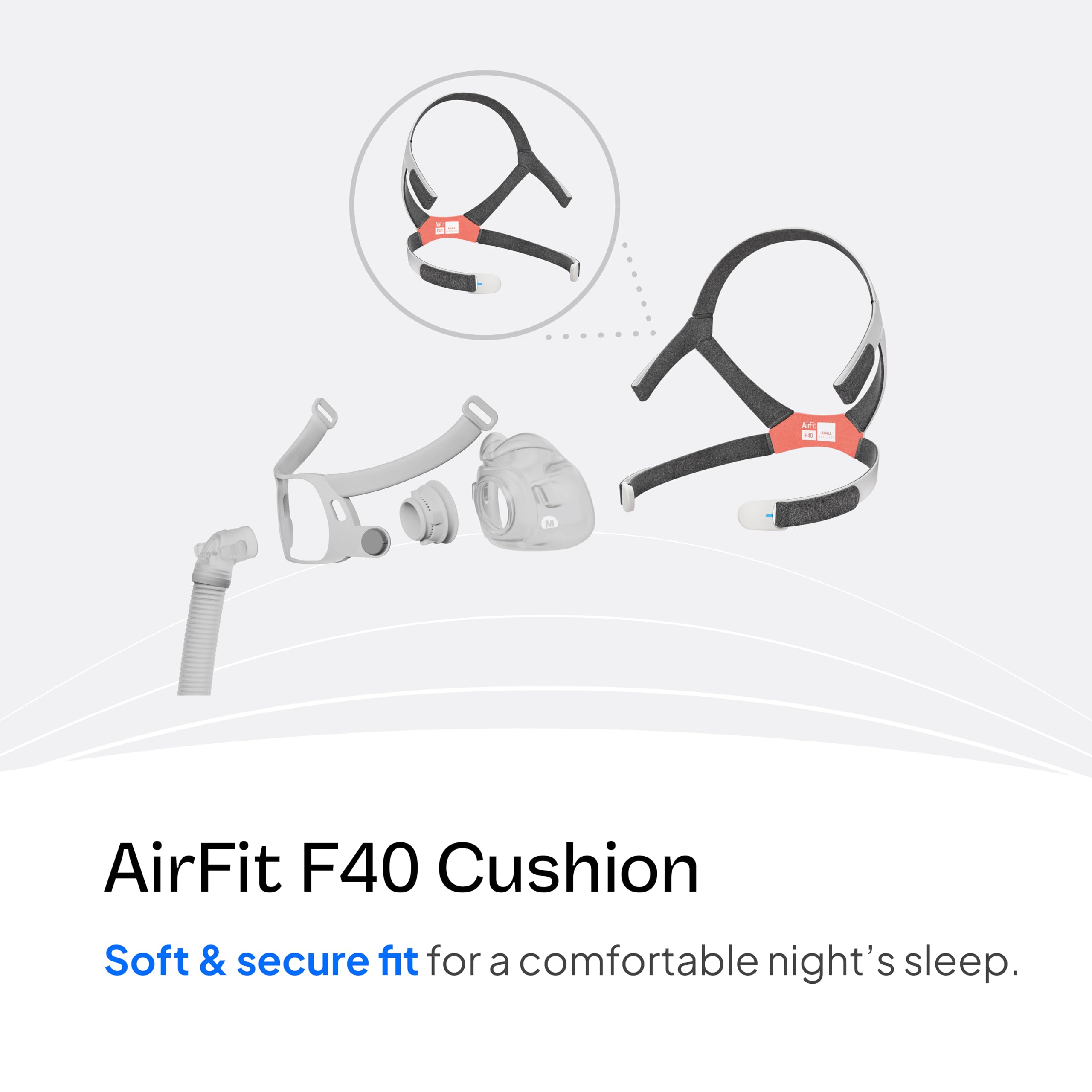 Harnais ResMed AirFit F40 — clips magnétiques pour enfiler rapidement.