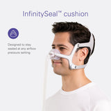 Coussin silicone doux ResMed AirFit N20, réduit les irritations et s’adapte.