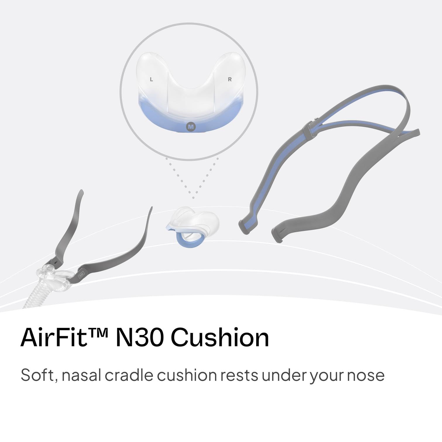 Coussin en silicone durable AirFit N30, longévité et maintien du flux d’air.
