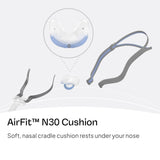 Coussin en silicone durable AirFit N30, longévité et maintien du flux d’air.