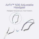 ResMed AirFit N30, harnais réglage latéral avec clip pour confort personnalisé.