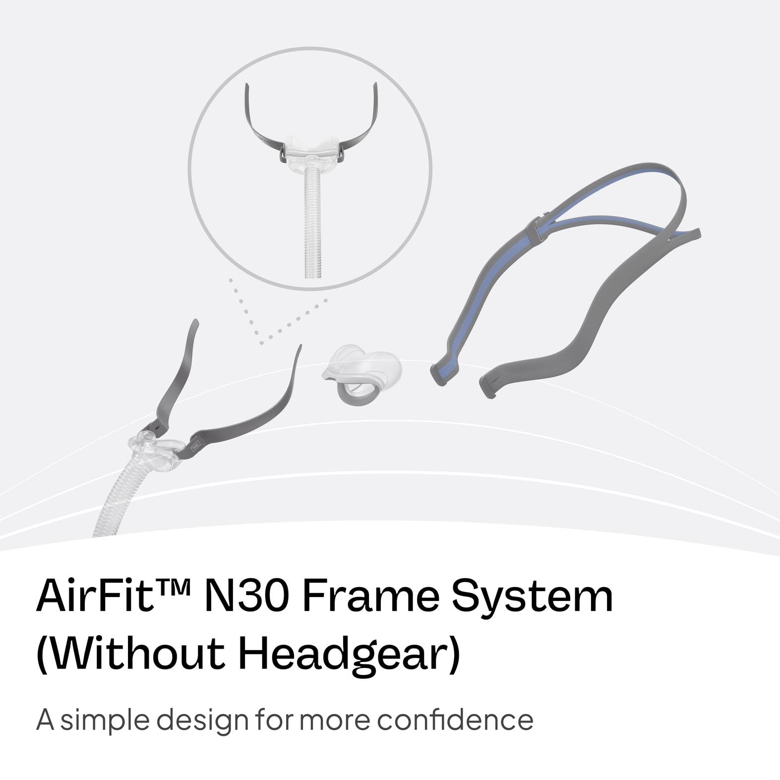 ResMed AirFit N30 tuyau-court : connexion rapide et setup simplifié.