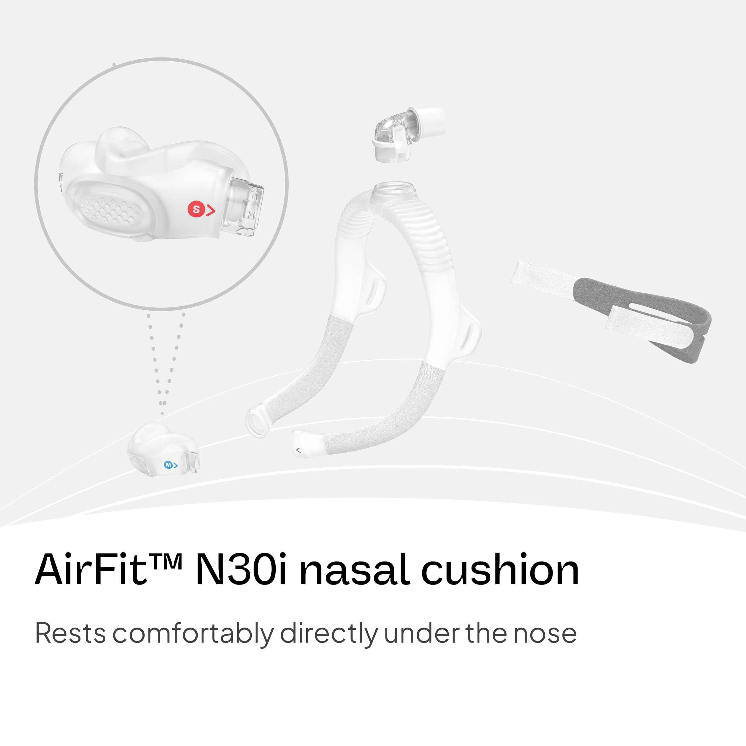 Branchement en haut de tête du ResMed AirFit N30i, liberté nocturne.
