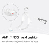 Branchement en haut de tête du ResMed AirFit N30i, liberté nocturne.