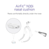 Coussin doux en silicone ResMed AirFit N30i, confort agréable.