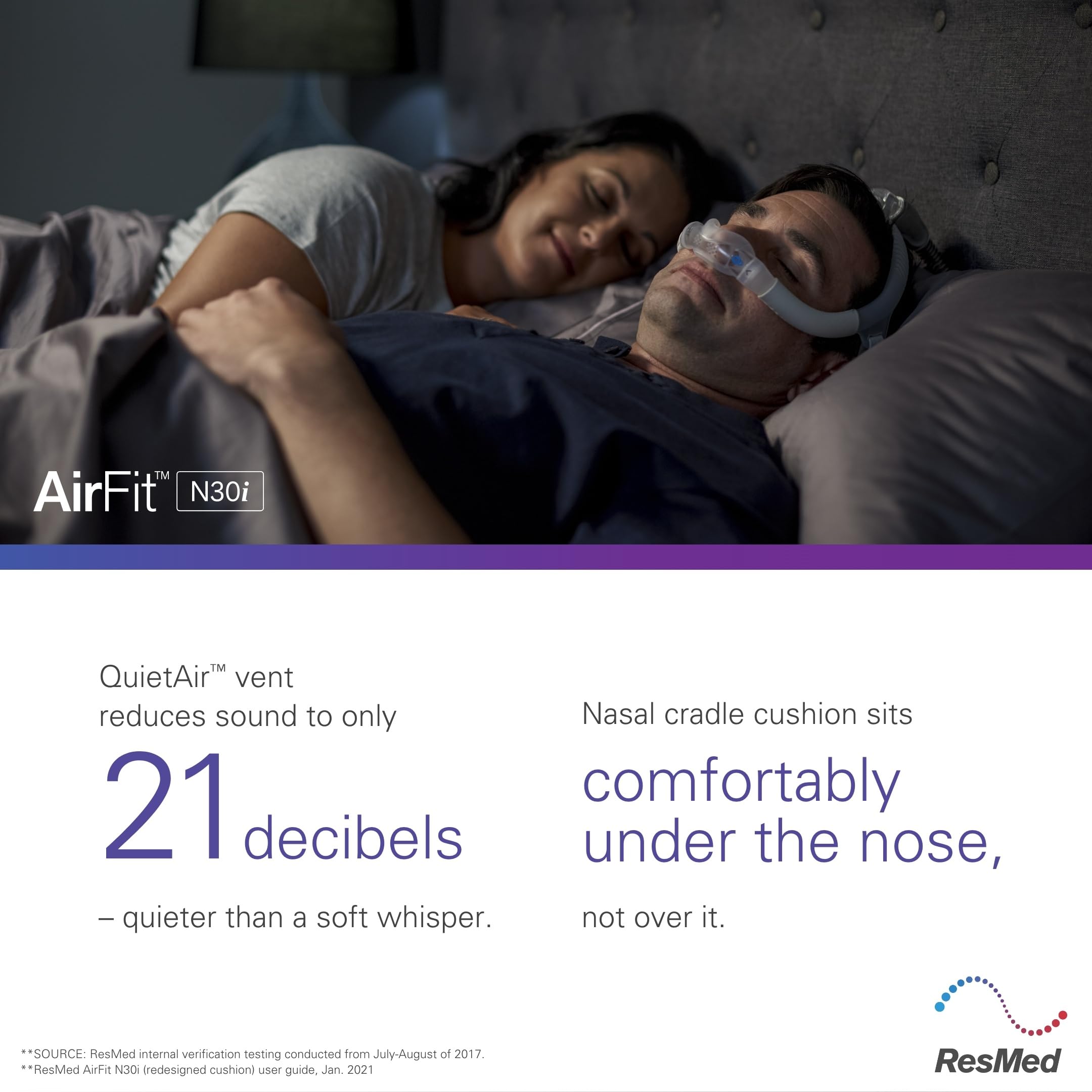 Flux d'air optimisé AirFit N30i assurant une respiration fluide.