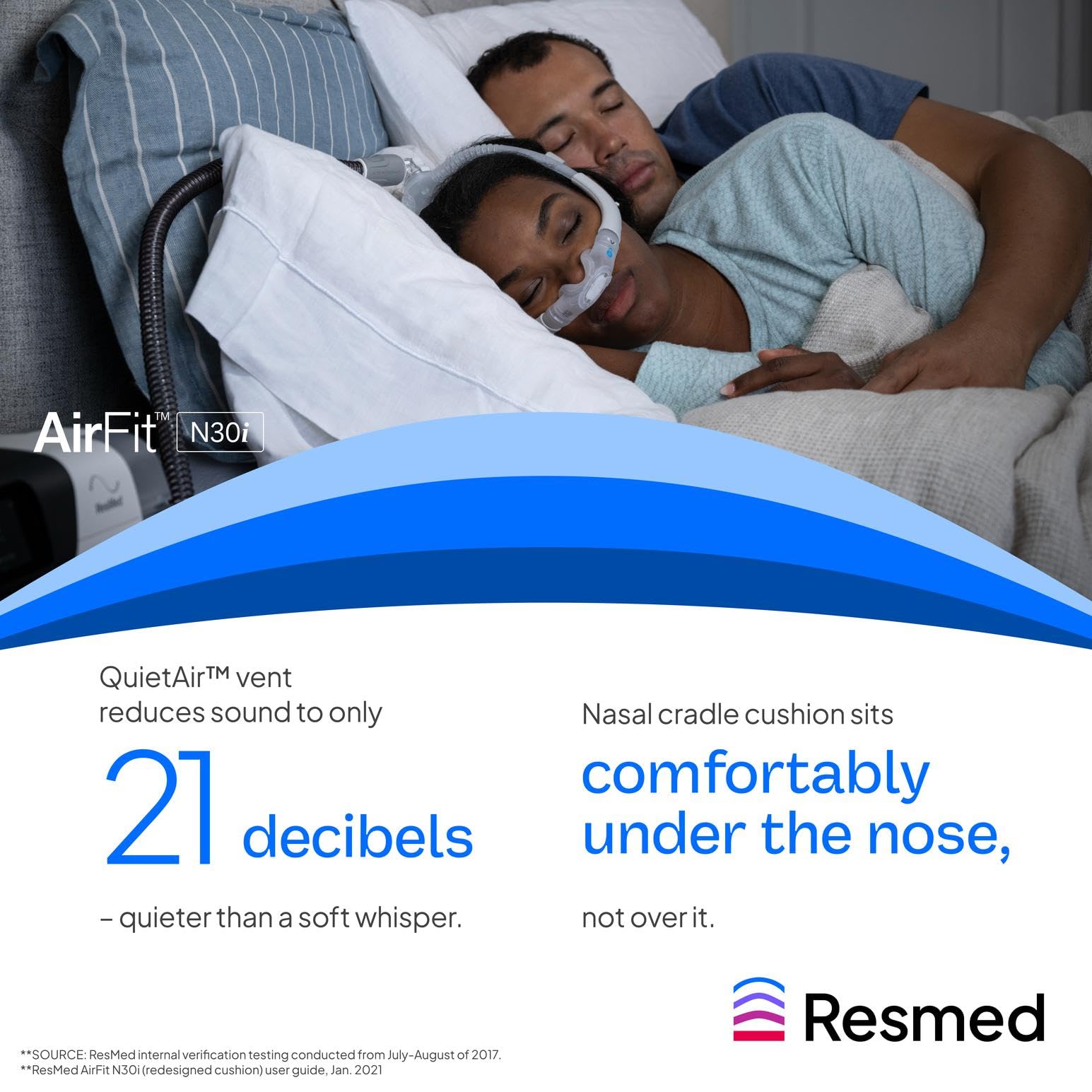 ResMed AirFit N30i - coussin en silicone robuste pour un usage prolongé.